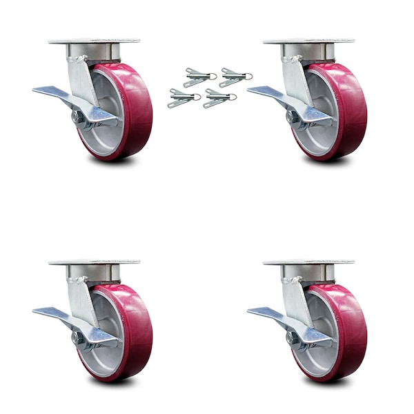 6 Inch Kingpinless Poly on Aluminum Caster Set with Brakes and Swivel Locks SCC